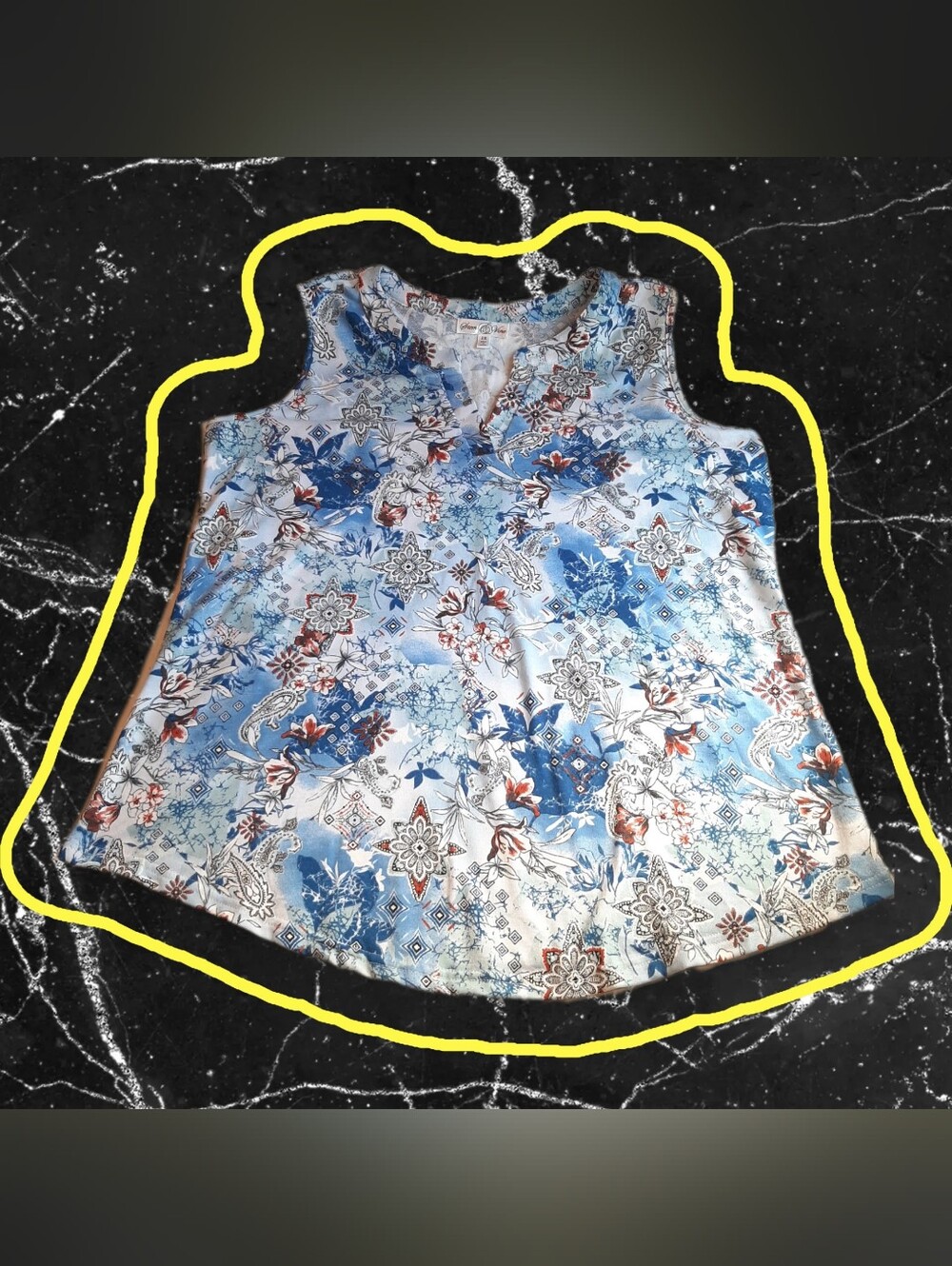 Stem & Vine Womens 2X Blue Floral Sleeveless V Neck Top